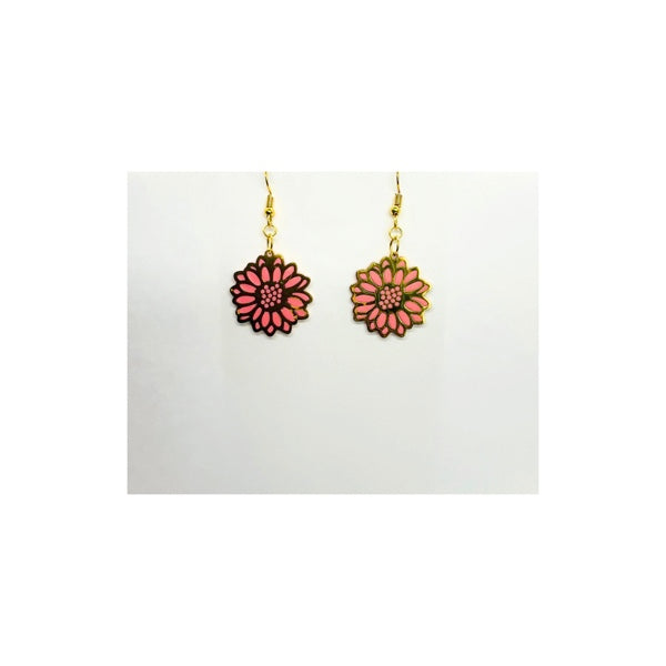 Coral Pink Sunflower and Gold Dangle Earrings