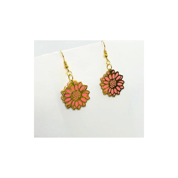 Coral Pink Sunflower and Gold Dangle Earrings