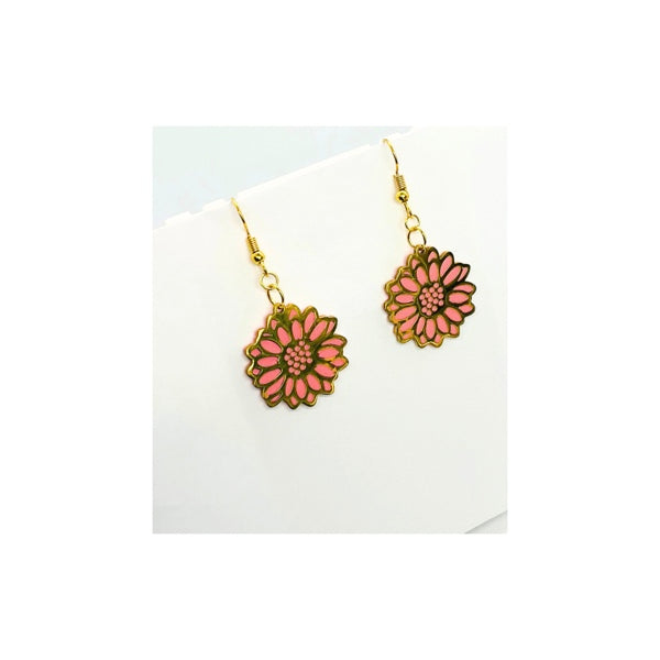 Coral Pink Sunflower and Gold Dangle Earrings
