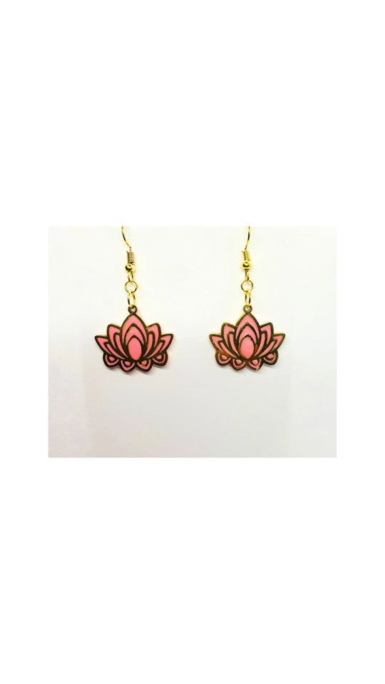 Coral Pink and Gold Flower Dangle Earrings