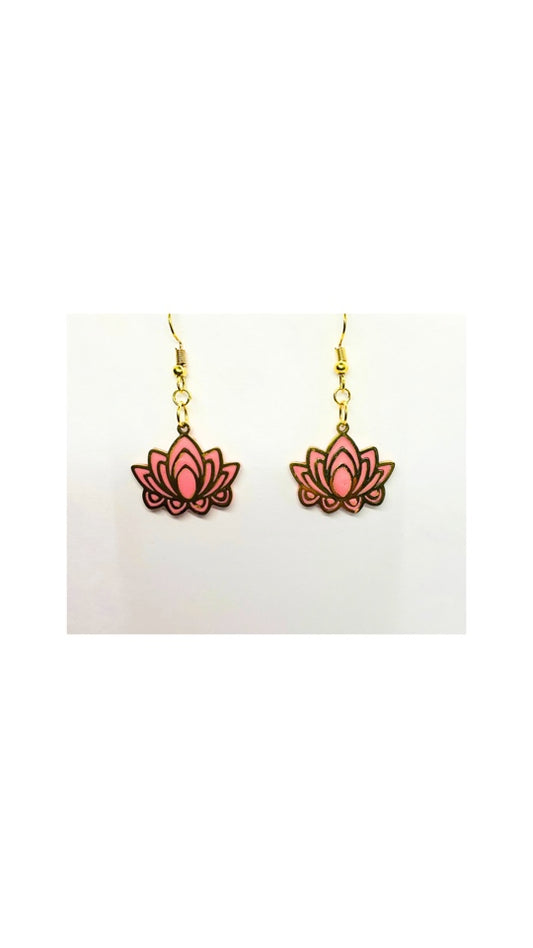 Coral Pink and Gold Flower Dangle Earrings