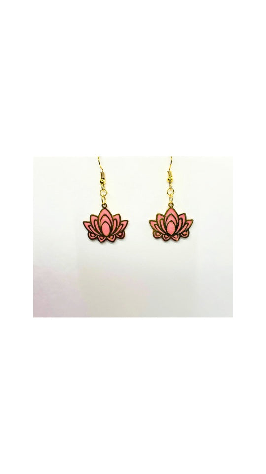 Coral Pink and Gold Flower Dangle Earrings