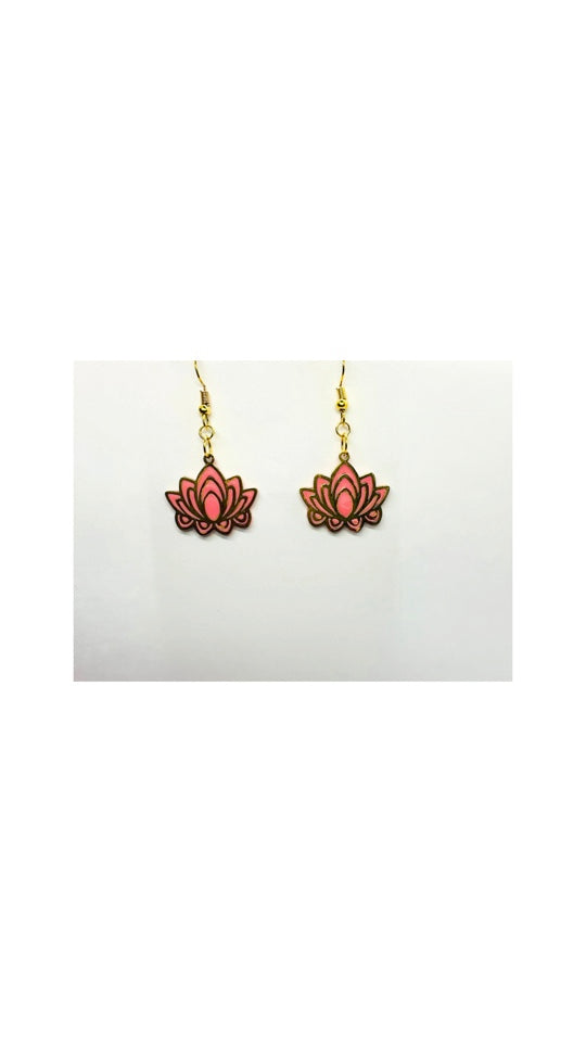 Coral Pink and Gold Flower Dangle Earrings