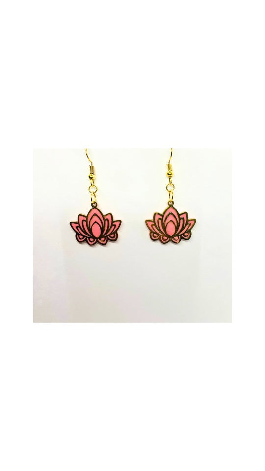 Coral Pink and Gold Flower Dangle Earrings