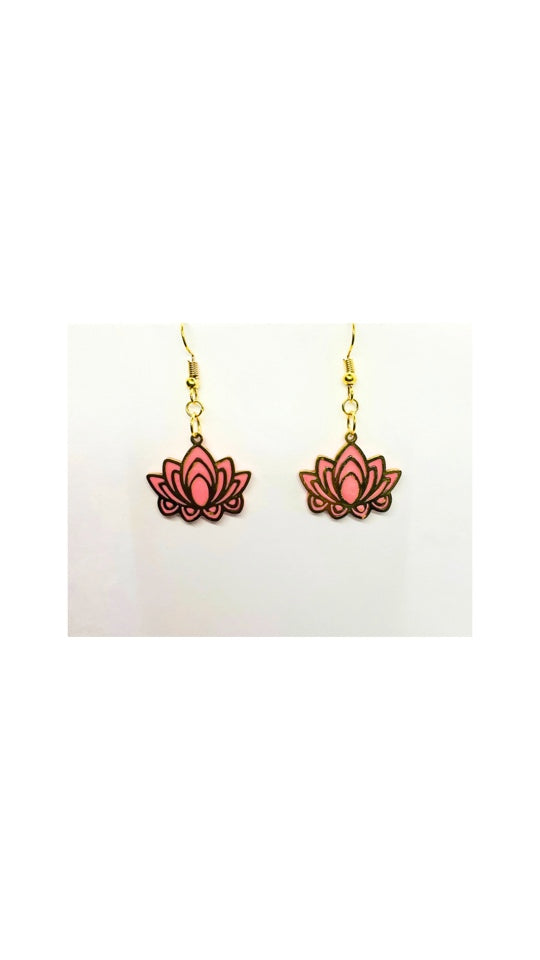 Coral Pink and Gold Flower Dangle Earrings