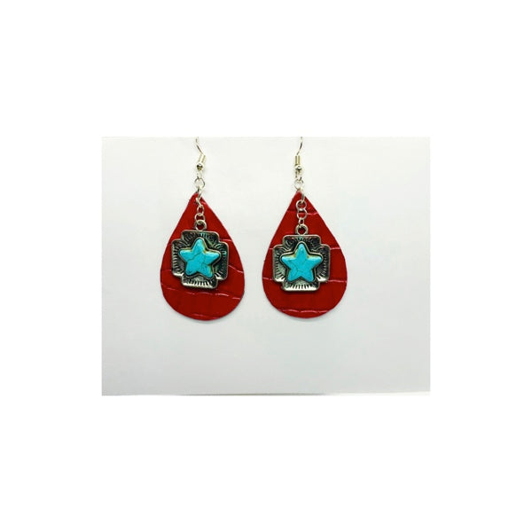 Red Leather Teardrop Earring with Turquoise Star Charm