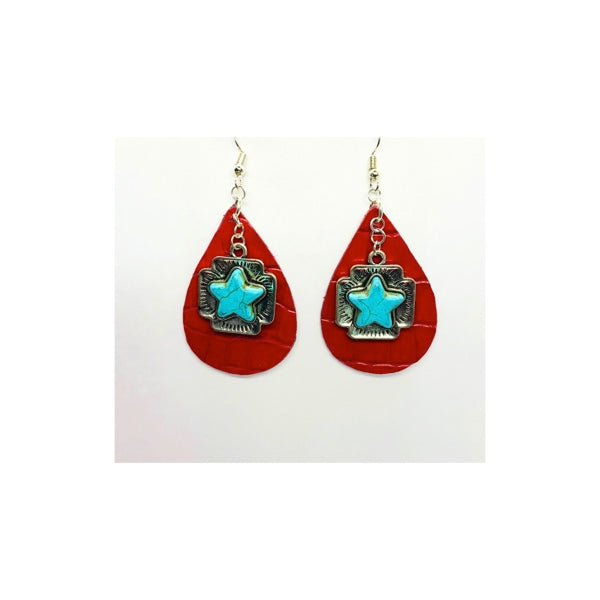 Red Leather Teardrop Earring with Turquoise Star Charm