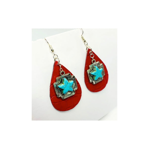 Red Leather Teardrop Earring with Turquoise Star Charm