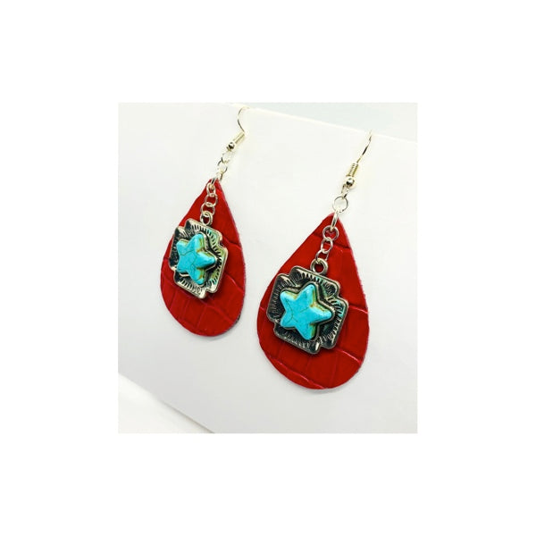 Red Leather Teardrop Earring with Turquoise Star Charm