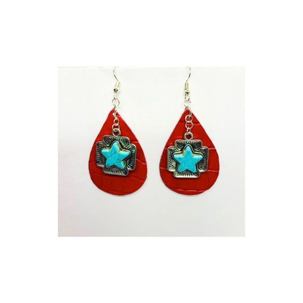 Red Leather Teardrop Earring with Turquoise Star Charm