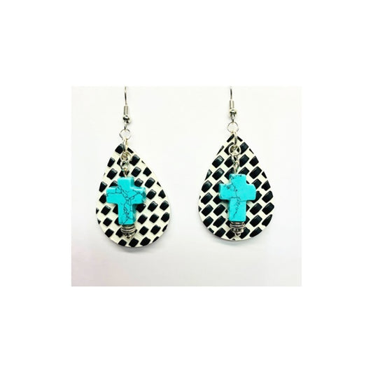 Black and White Check  Faux Leather Teardrop Dangle with Turquoise Cross Charm