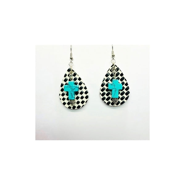 Black and White Check  Faux Leather Teardrop Dangle with Turquoise Cross Charm