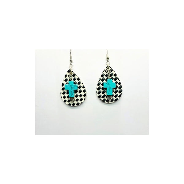 Black and White Check  Faux Leather Teardrop Dangle with Turquoise Cross Charm