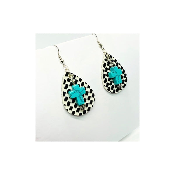 Black and White Check  Faux Leather Teardrop Dangle with Turquoise Cross Charm