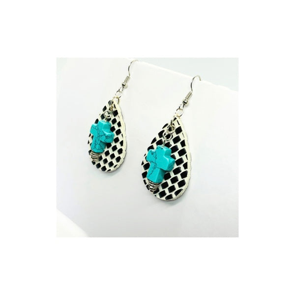 Black and White Check  Faux Leather Teardrop Dangle with Turquoise Cross Charm