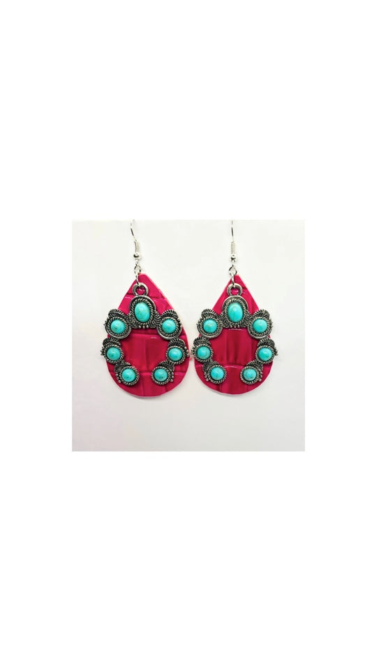 Hot Pink Leather Teardrop with Horseshoe Turquoise Shaped Charm Earrings