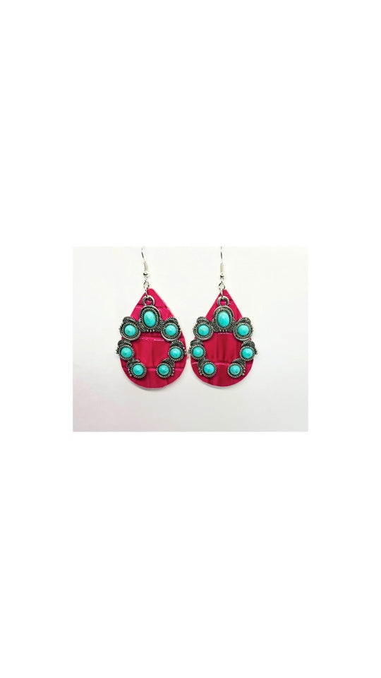 Hot Pink Leather Teardrop with Horseshoe Turquoise Shaped Charm Earrings
