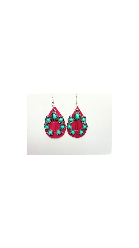 Hot Pink Leather Teardrop with Horseshoe Turquoise Shaped Charm Earrings