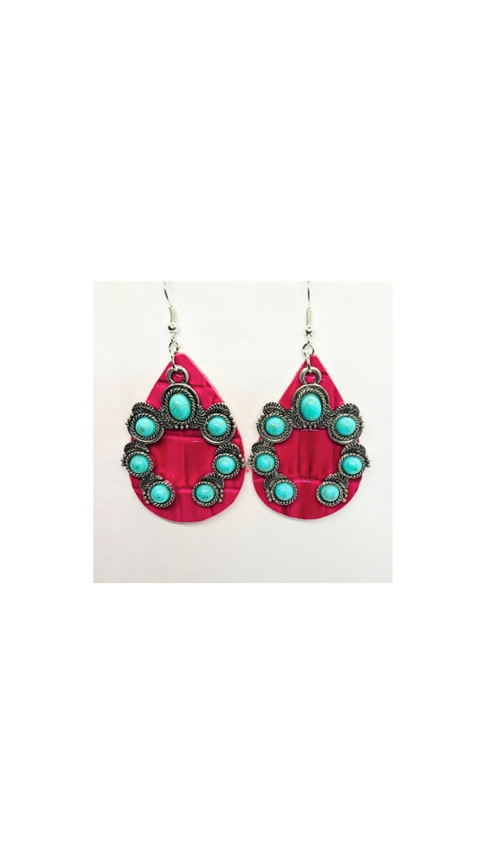 Hot Pink Leather Teardrop with Horseshoe Turquoise Shaped Charm Earrings