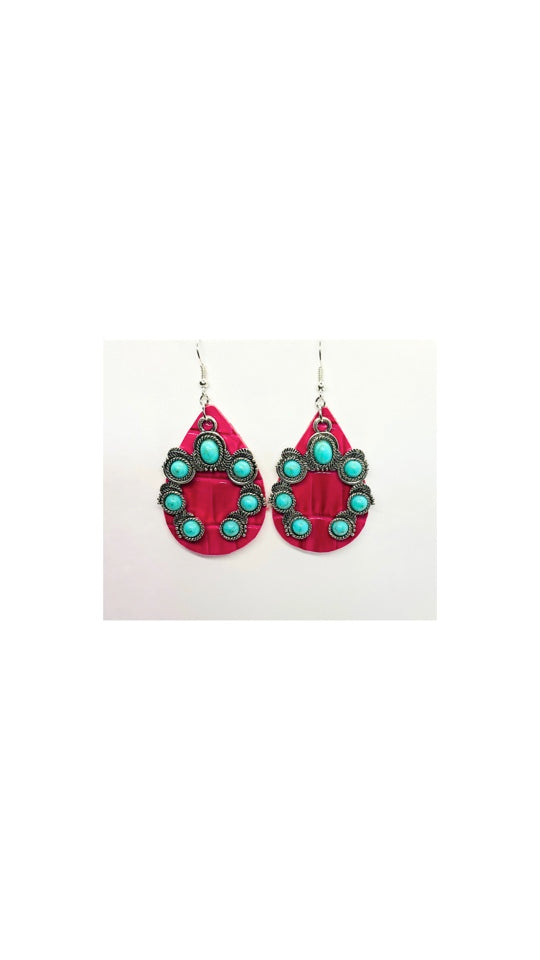 Hot Pink Leather Teardrop with Horseshoe Turquoise Shaped Charm Earrings