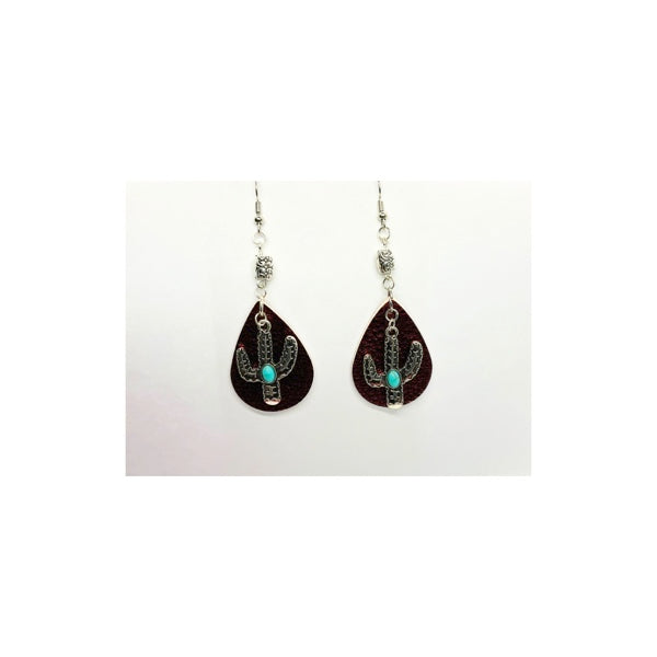 Red Faux Leather Teardrop Earring with Cactus Charm