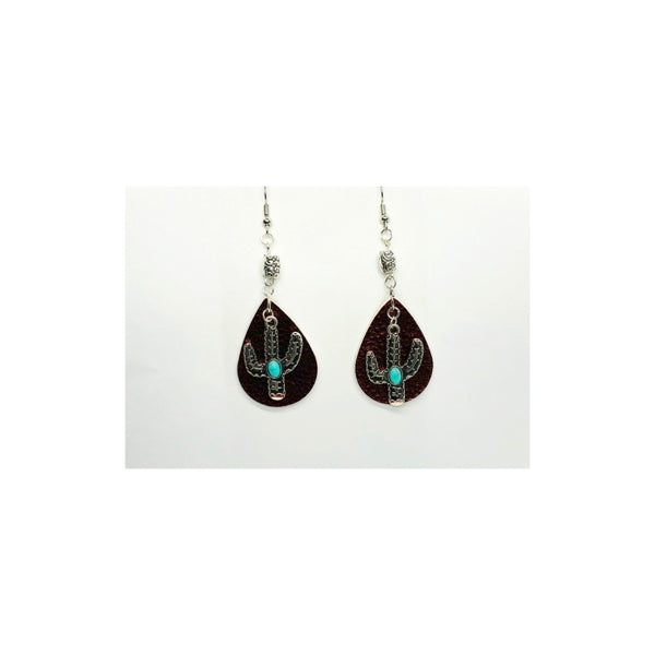 Red Faux Leather Teardrop Earring with Cactus Charm