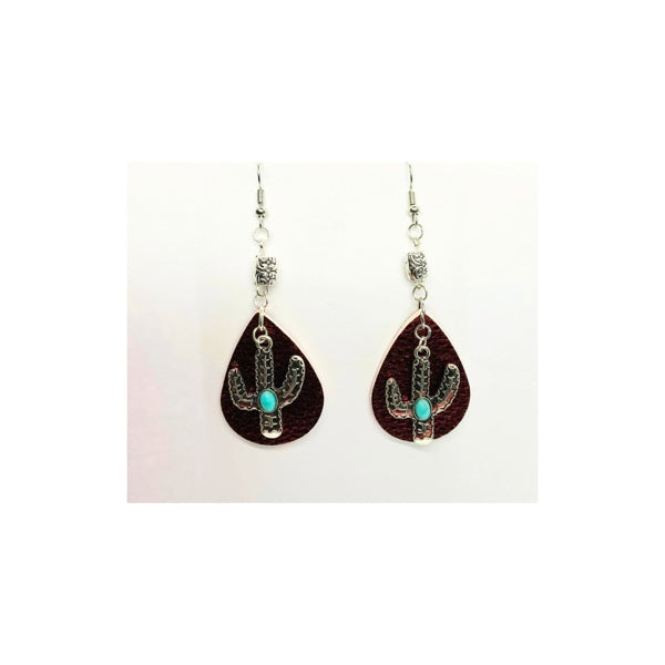Red Faux Leather Teardrop Earring with Cactus Charm