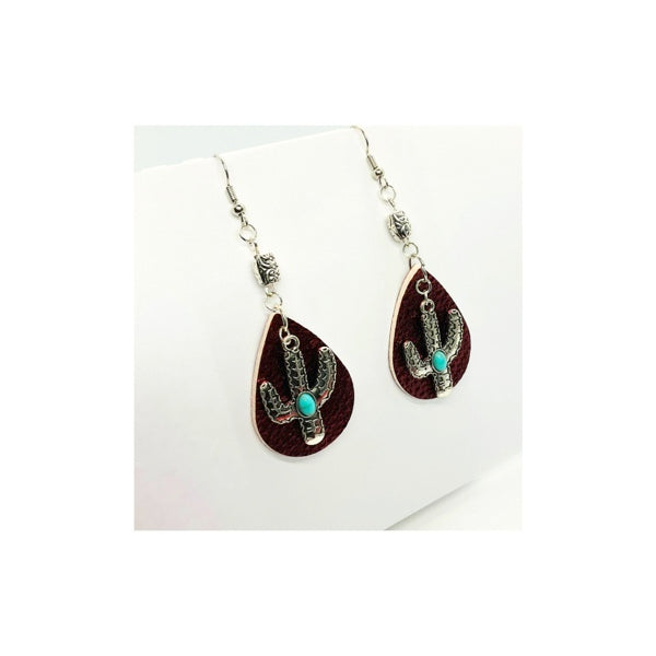 Red Faux Leather Teardrop Earring with Cactus Charm