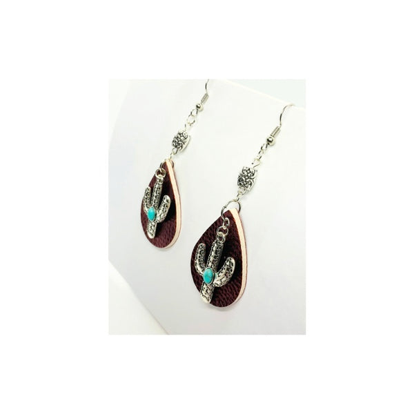 Red Faux Leather Teardrop Earring with Cactus Charm