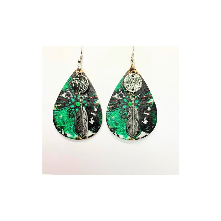 Faux Leather Teardrop Earring with Silver Feather Charm