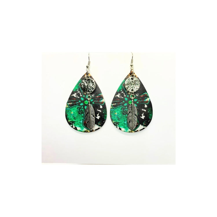 Faux Leather Teardrop Earring with Silver Feather Charm