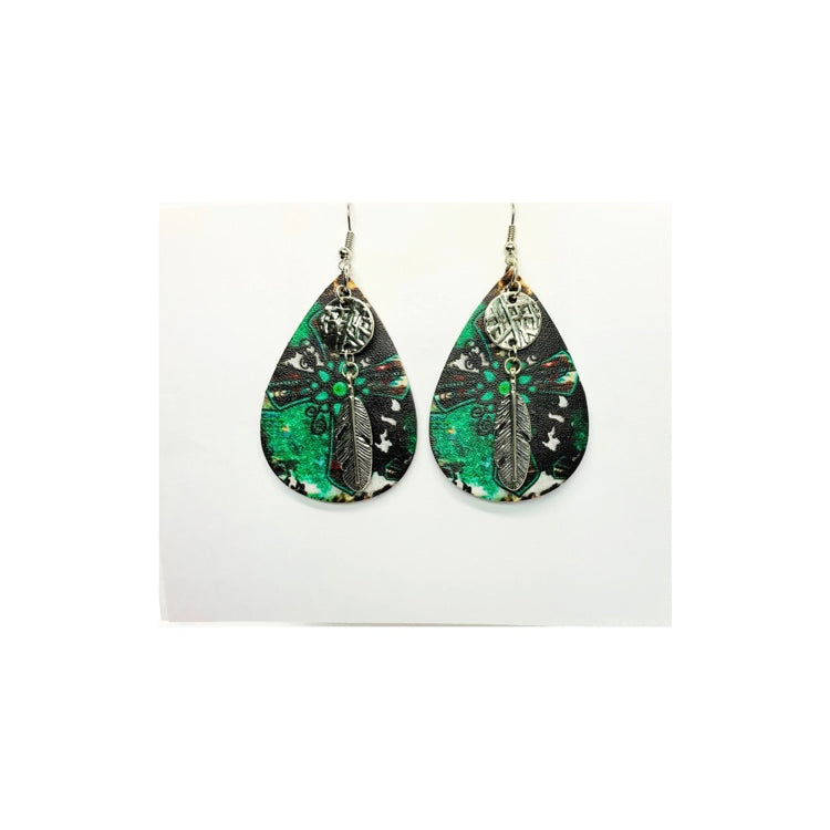 Faux Leather Teardrop Earring with Silver Feather Charm