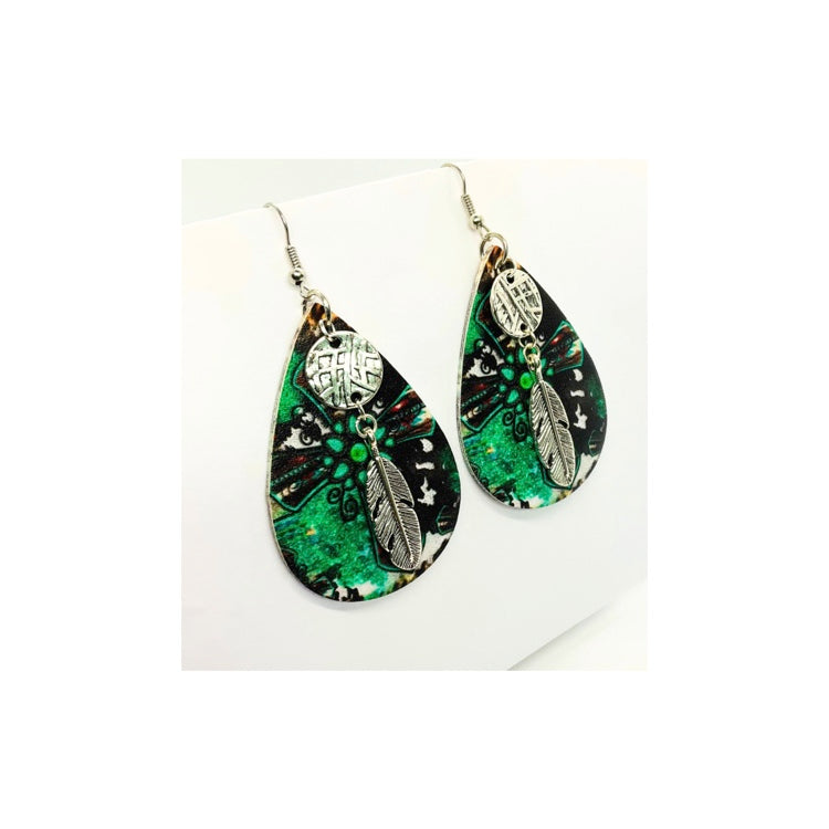 Faux Leather Teardrop Earring with Silver Feather Charm