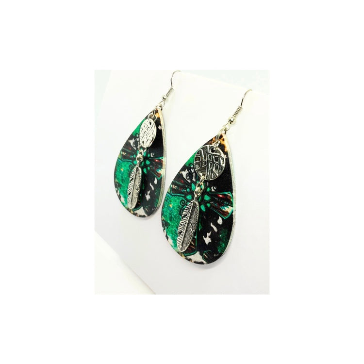 Faux Leather Teardrop Earring with Silver Feather Charm