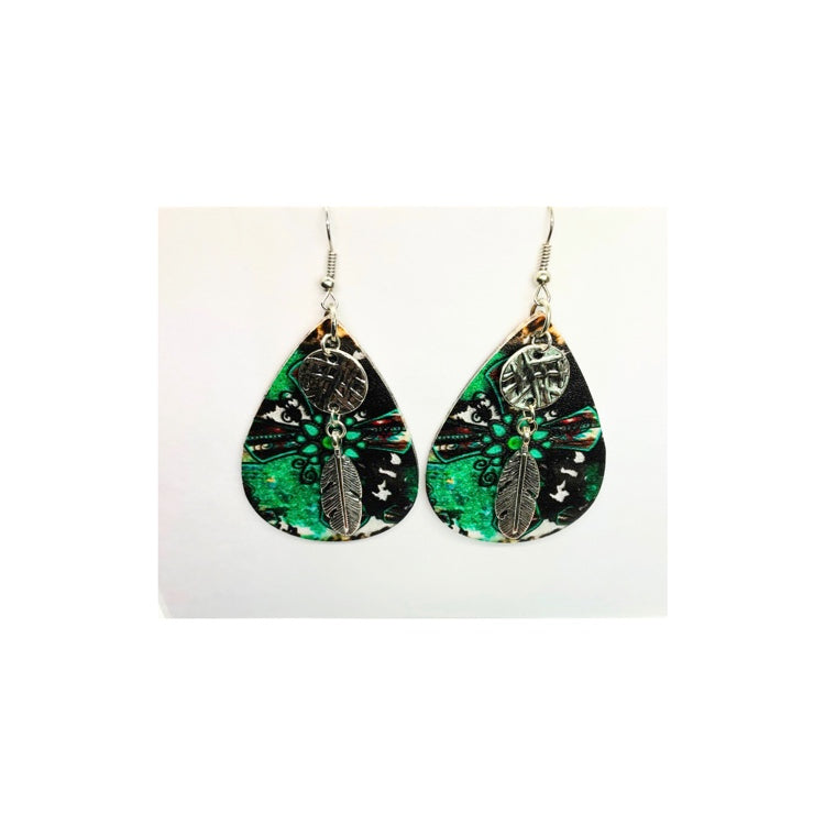 Faux Leather Teardrop Earring with Silver Feather Charm