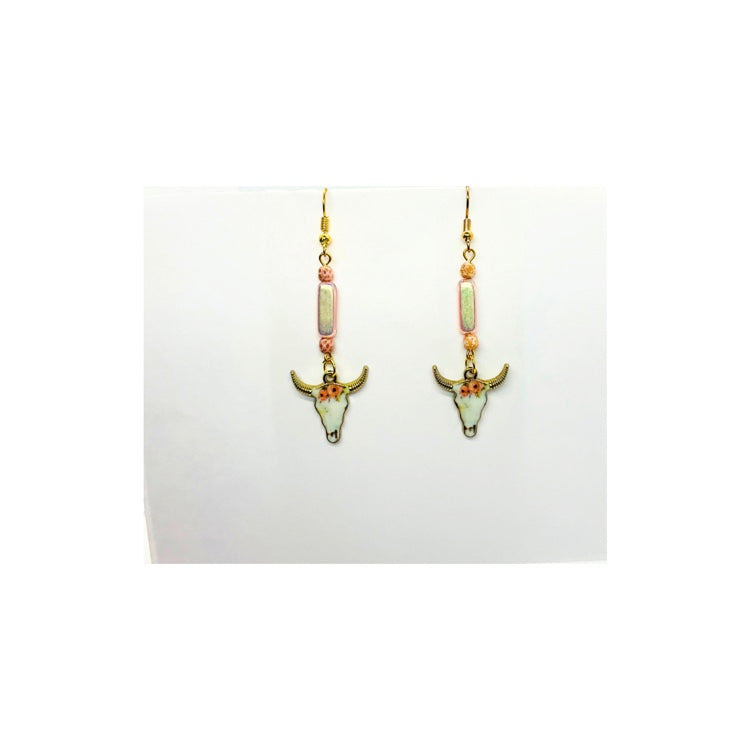 Cowgirl Pink Flower Cow Head Dangle Earring