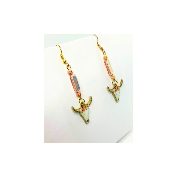 Cowgirl Pink Flower Cow Head Dangle Earring