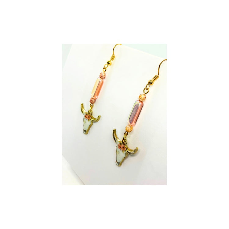 Cowgirl Pink Flower Cow Head Dangle Earring