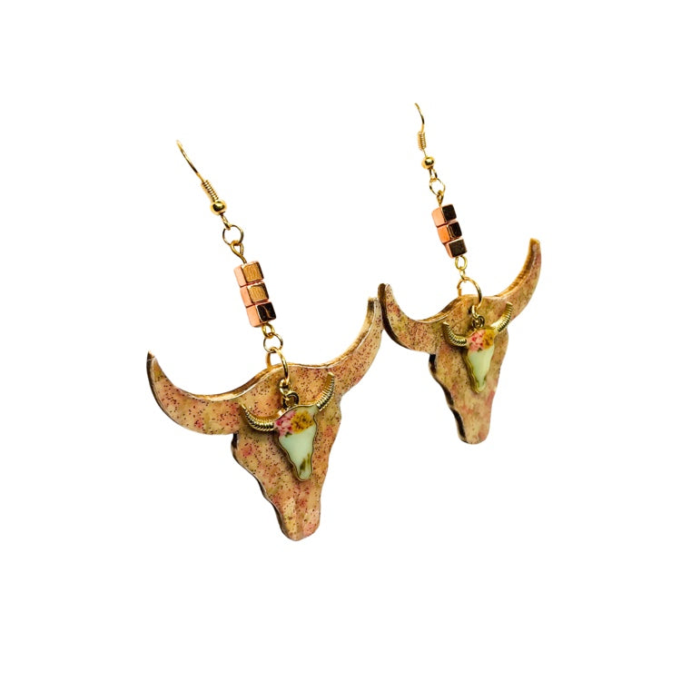 Pink Sparkle Wood Cow Head with Cow Head Charm Earrings