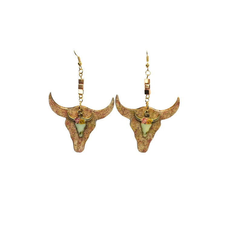 Pink Sparkle Wood Cow Head with Cow Head Charm Earrings