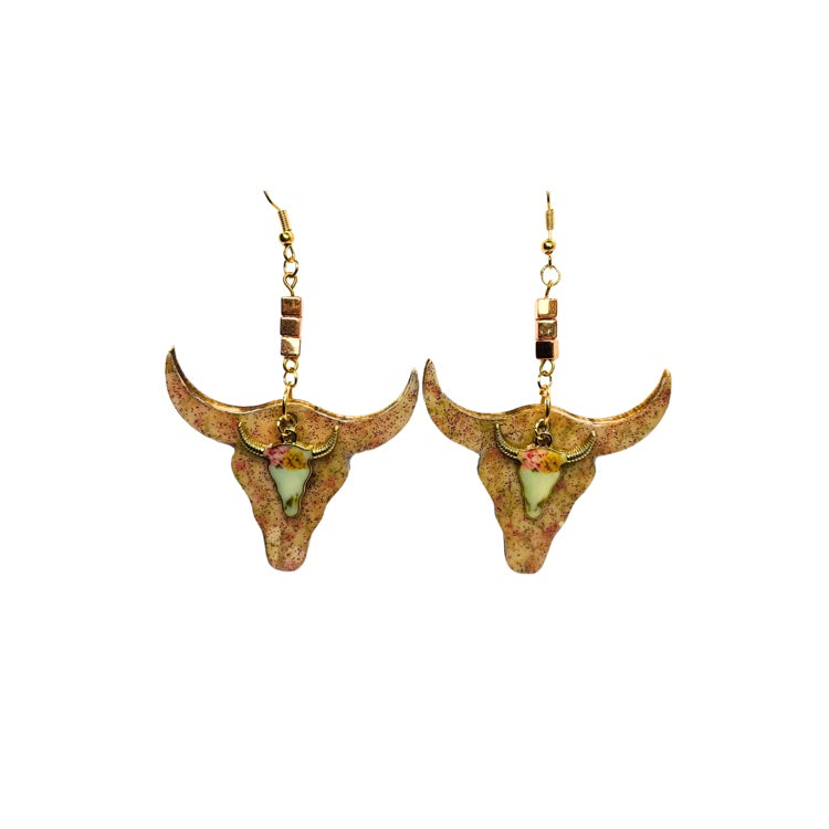 Pink Sparkle Wood Cow Head with Cow Head Charm Earrings
