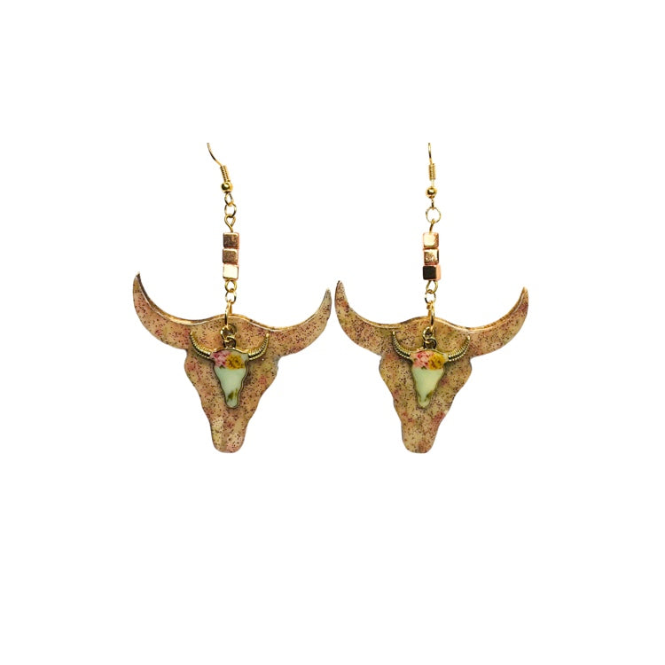 Pink Sparkle Wood Cow Head with Cow Head Charm Earrings