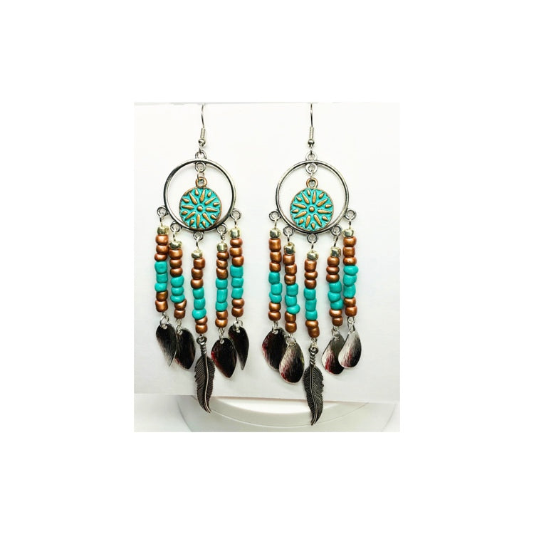 Dreamcatcher Silver and Turquoise Beaded Dangle Earrings with Dreamcatcher Motif & Feather Accents for Daily Casual Wear