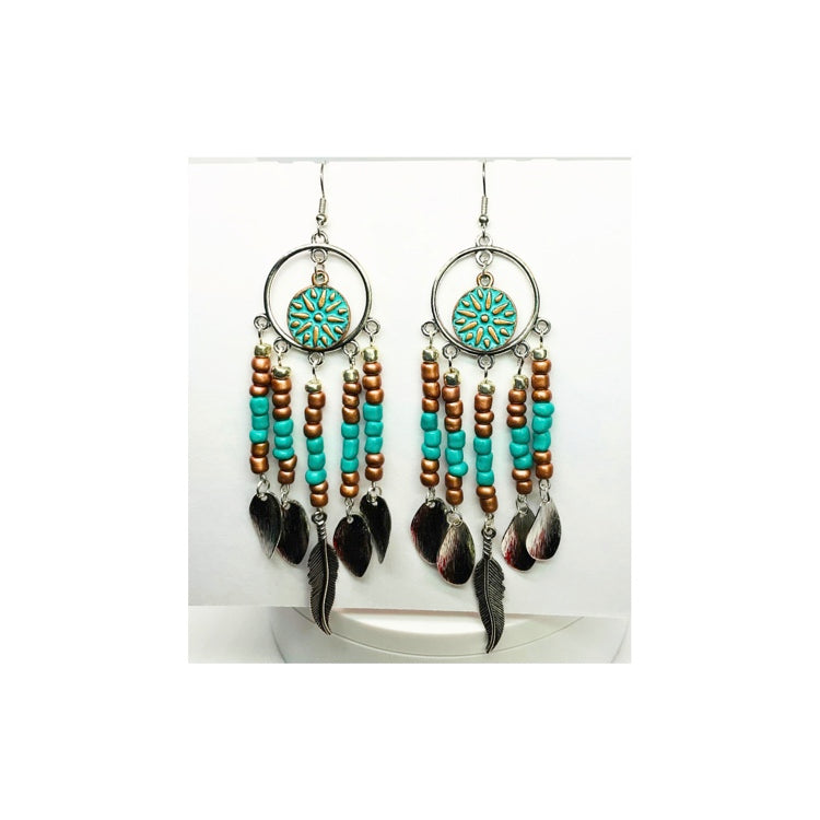 Dreamcatcher Silver and Turquoise Beaded Dangle Earrings with Dreamcatcher Motif & Feather Accents for Daily Casual Wear