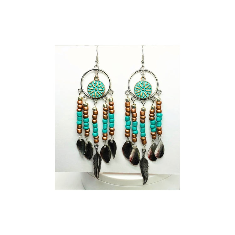 Dreamcatcher Silver and Turquoise Beaded Dangle Earrings with Dreamcatcher Motif & Feather Accents for Daily Casual Wear