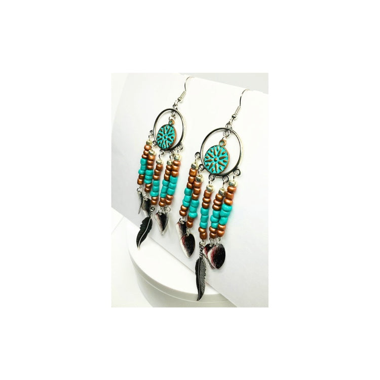 Dreamcatcher Silver and Turquoise Beaded Dangle Earrings with Dreamcatcher Motif & Feather Accents for Daily Casual Wear