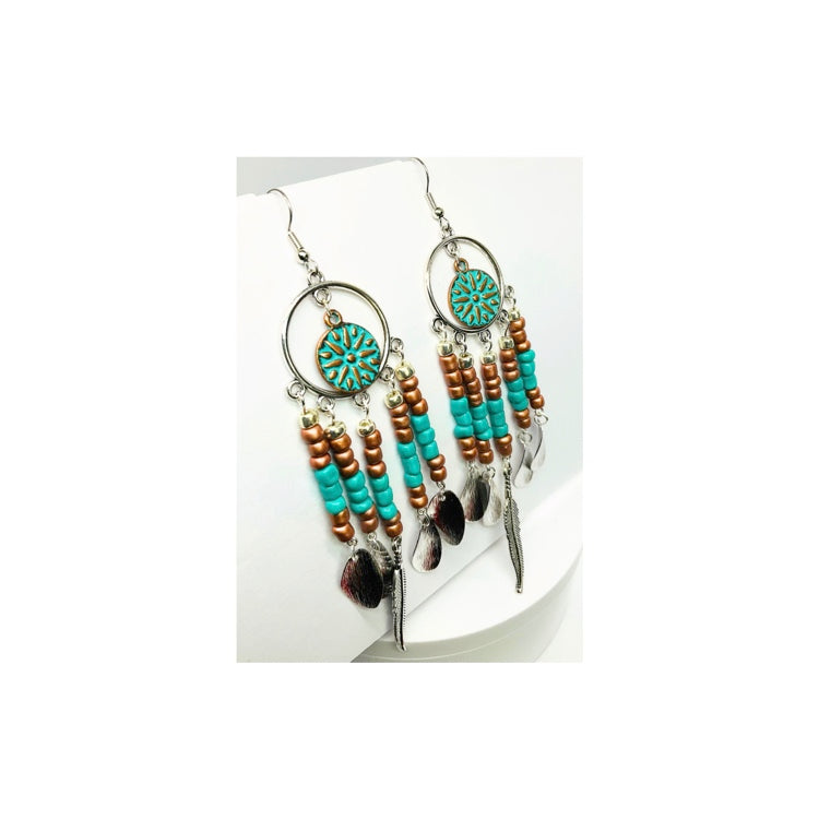 Dreamcatcher Silver and Turquoise Beaded Dangle Earrings with Dreamcatcher Motif & Feather Accents for Daily Casual Wear