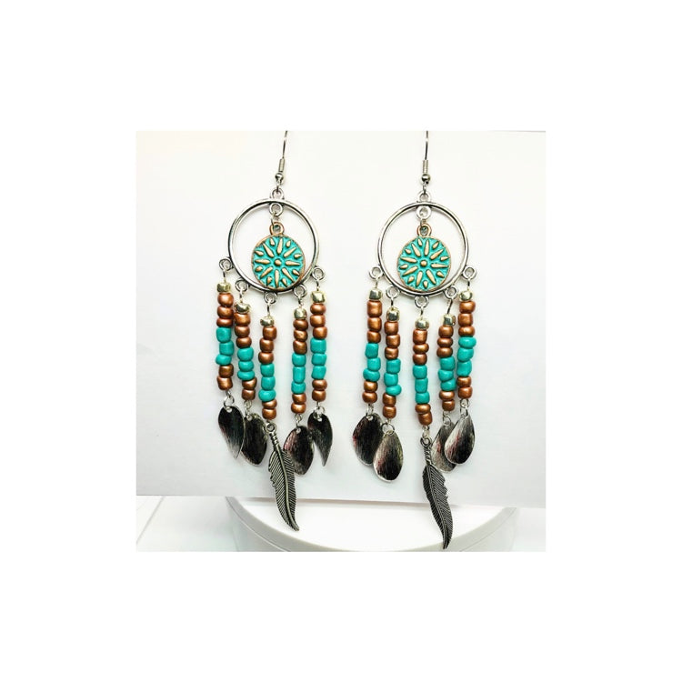 Dreamcatcher Silver and Turquoise Beaded Dangle Earrings with Dreamcatcher Motif & Feather Accents for Daily Casual Wear