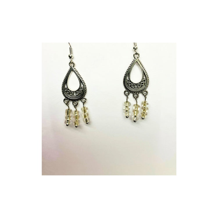 Silver Chandelier Dangle Earring with Clear Seed Beads and Silver Earwire - Small Earring for Everyday Wear, Minimalist Teardrop Design, Secure Comfortable Wear