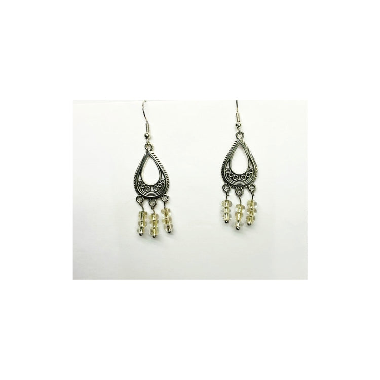 Silver Chandelier Dangle Earring with Clear Seed Beads and Silver Earwire - Small Earring for Everyday Wear, Minimalist Teardrop Design, Secure Comfortable Wear